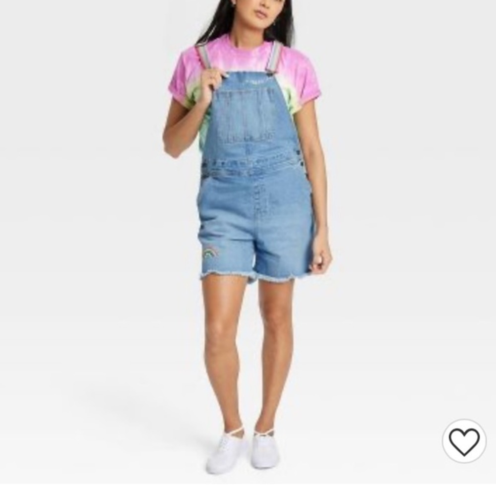 (M)- Pride Adult Rainbow Shortalls - Light Wash‎